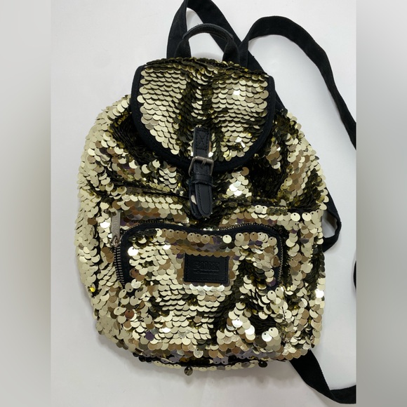 Victoria Secret Pink Gold Sequin Backpack Knapsack - Picture 1 of 10